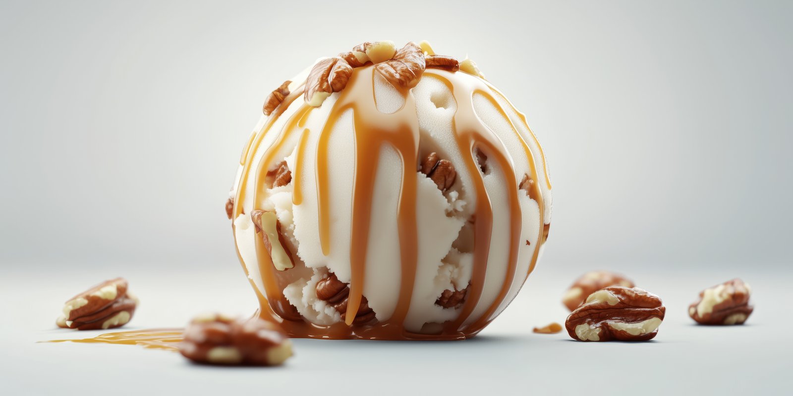 Delicious dessert featuring creamy ice cream topped with caramel and sprinkled with crunchy pecans